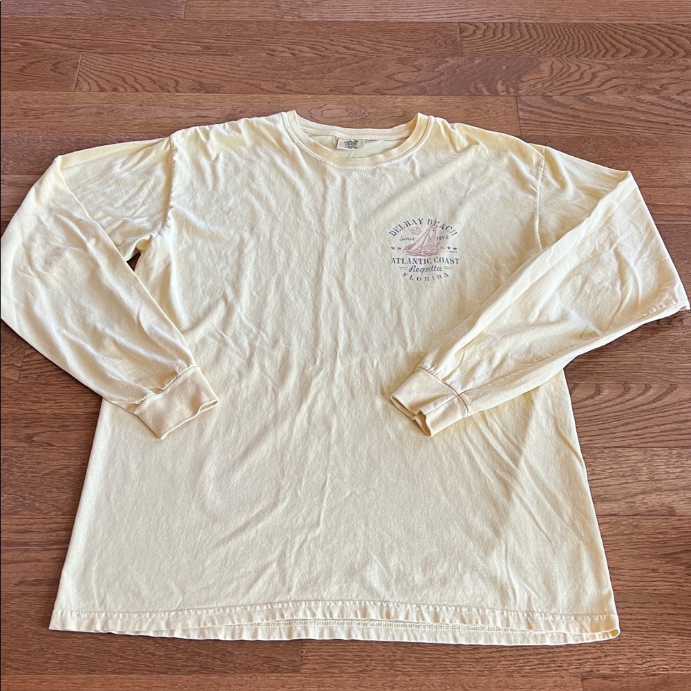 Yellow large Delray Beach long sleeve tshirt 100% cotton. Brand Comfort Colors